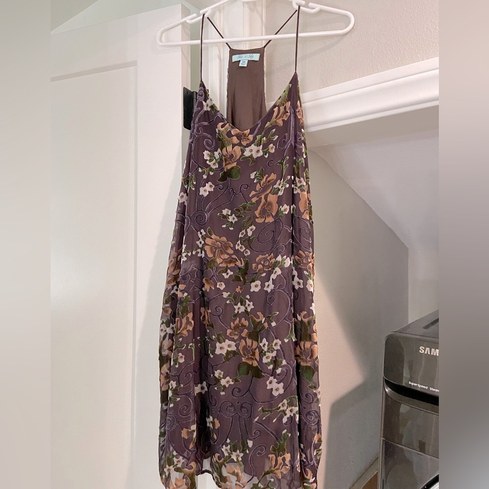 She + Sky Brown Sheer Dress w/velvet accent florals